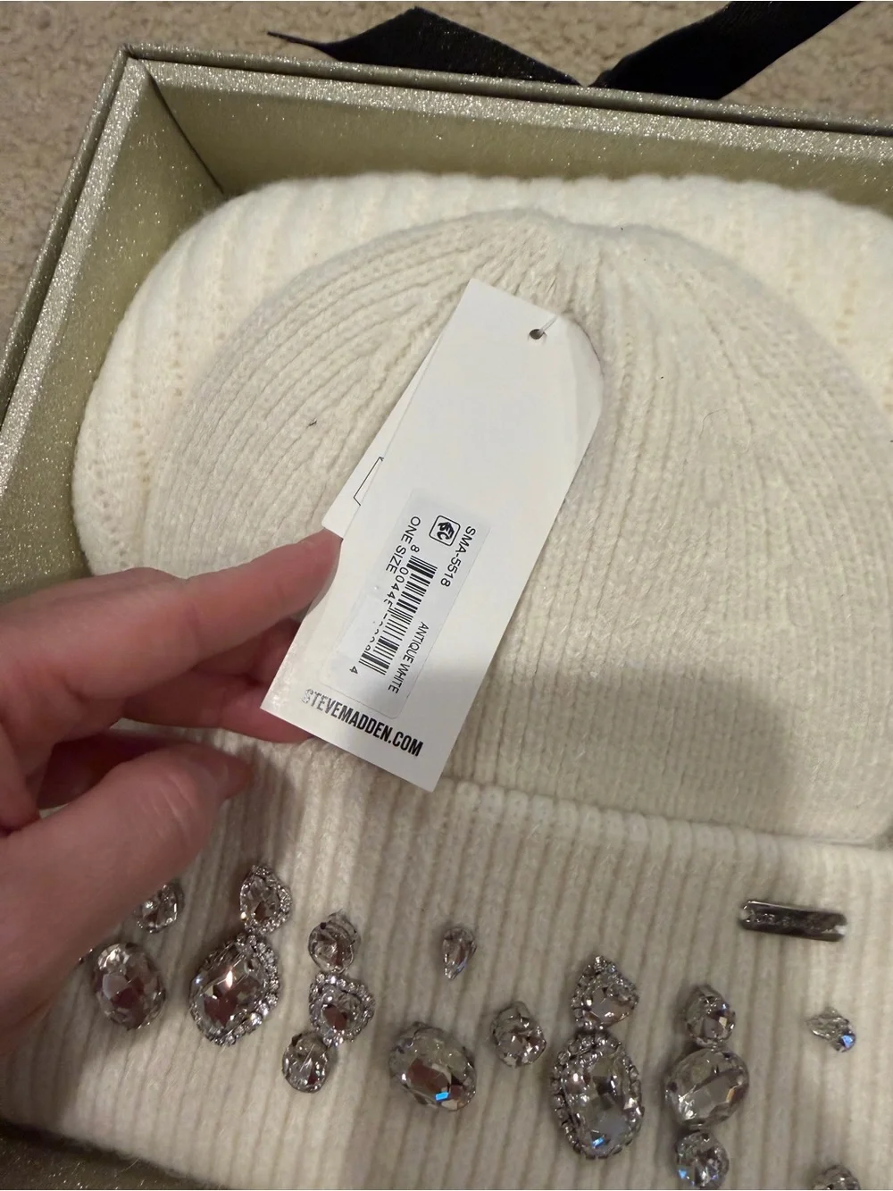 Steve Madden Ivory Crystal Embellished Knit Beanie and scarf set